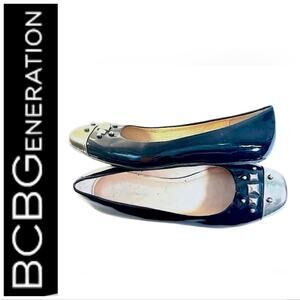 BCBGeneration Vintage Black Silver Tone Stud Flats Faux Patent Leather SZ 7.5